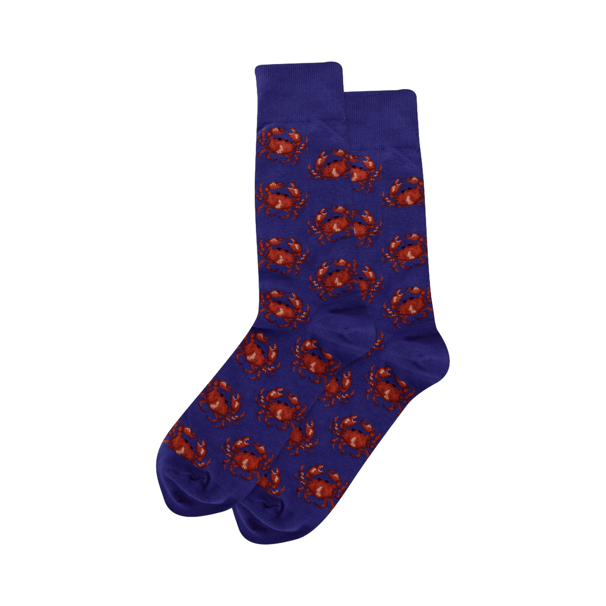 Pair of purple crew socks with a repeating pattern of reddish-brown crabs.  The crabs are detailed and the socks are folded.