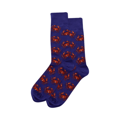 Pair of purple crew socks with a repeating pattern of reddish-brown crabs.  The crabs are detailed and the socks are folded.