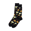 Pair of black crew socks with a fun design featuring illustrations of margaritas, tacos, and chili peppers.