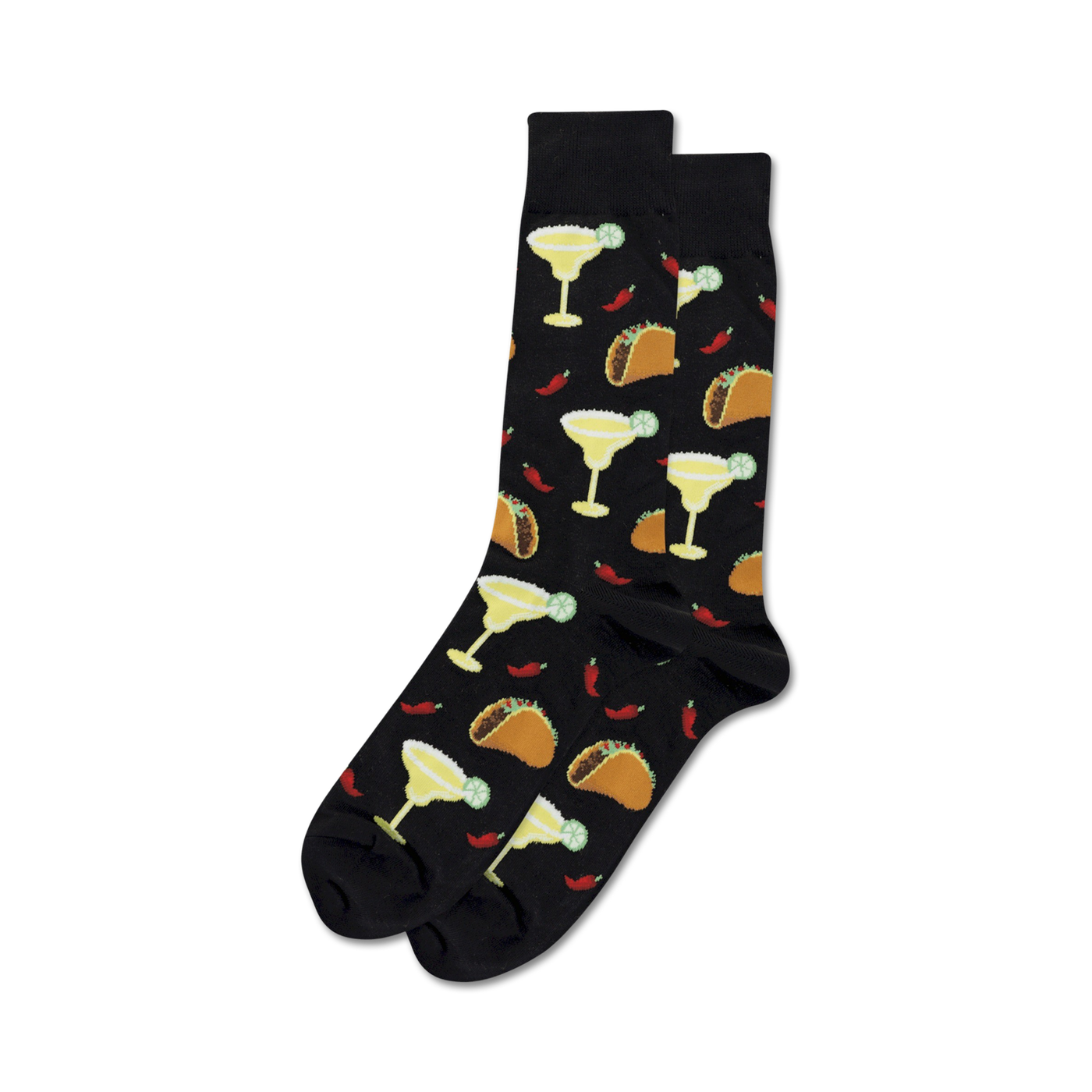 Pair of black crew socks with a fun design featuring illustrations of margaritas, tacos, and chili peppers.