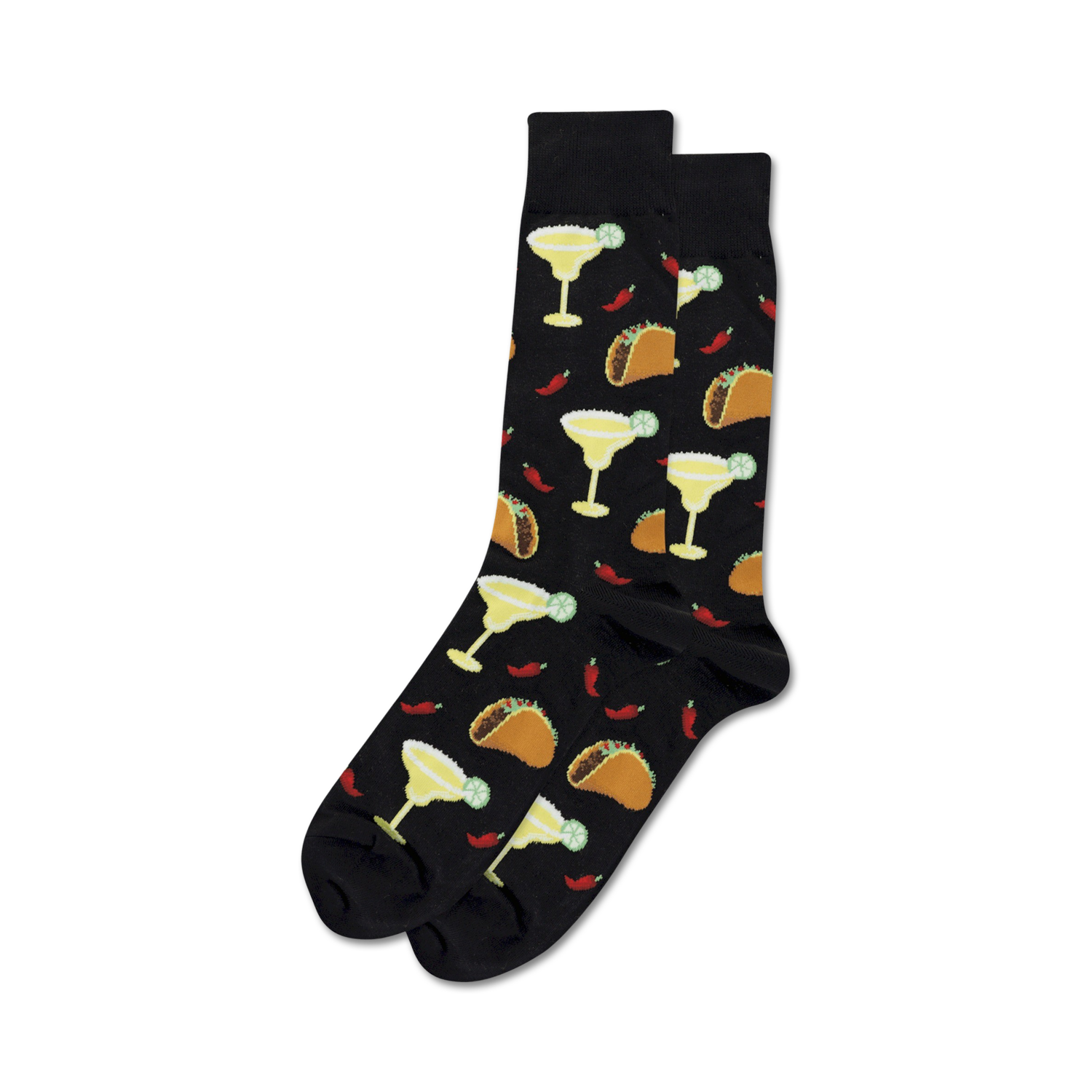 Pair of black crew socks with a fun design featuring illustrations of margaritas, tacos, and chili peppers.