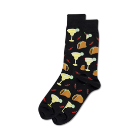 black crew socks with taco, margarita, and chili pepper pattern; for men.   