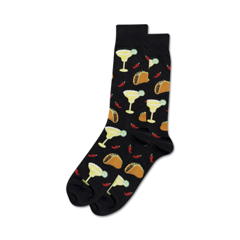 black crew socks with taco, margarita, and chili pepper pattern; for men.   