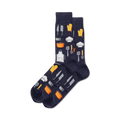 Pair of navy blue crew socks adorned with a fun pattern of kitchen utensils, chef hats, and orange oven mitts.