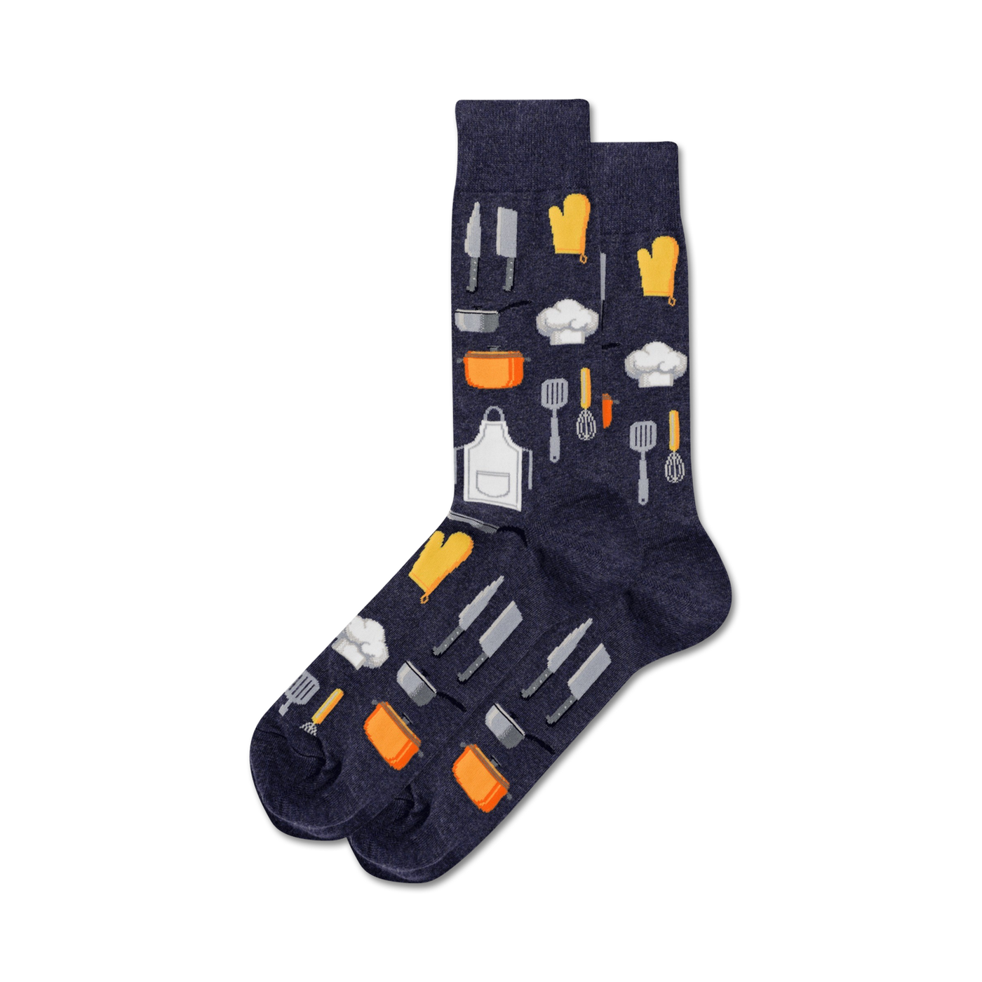 Pair of navy blue crew socks adorned with a fun pattern of kitchen utensils, chef hats, and orange oven mitts.