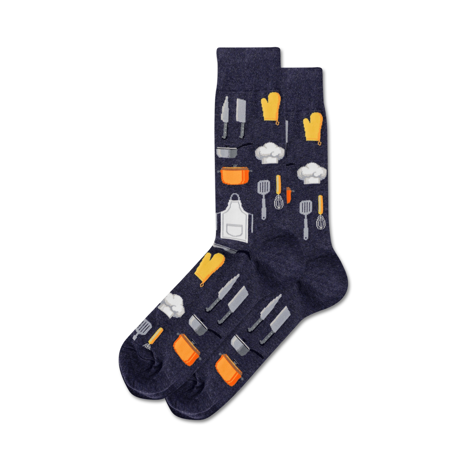 Pair of navy blue crew socks adorned with a fun pattern of kitchen utensils, chef hats, and orange oven mitts.