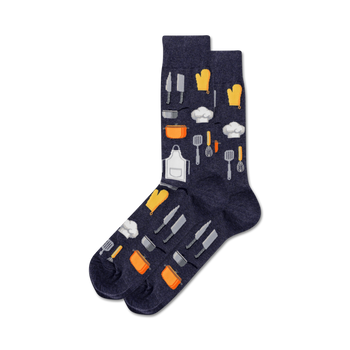 dark blue crew socks depicting kitchen utensils and cooking-related items for men.   