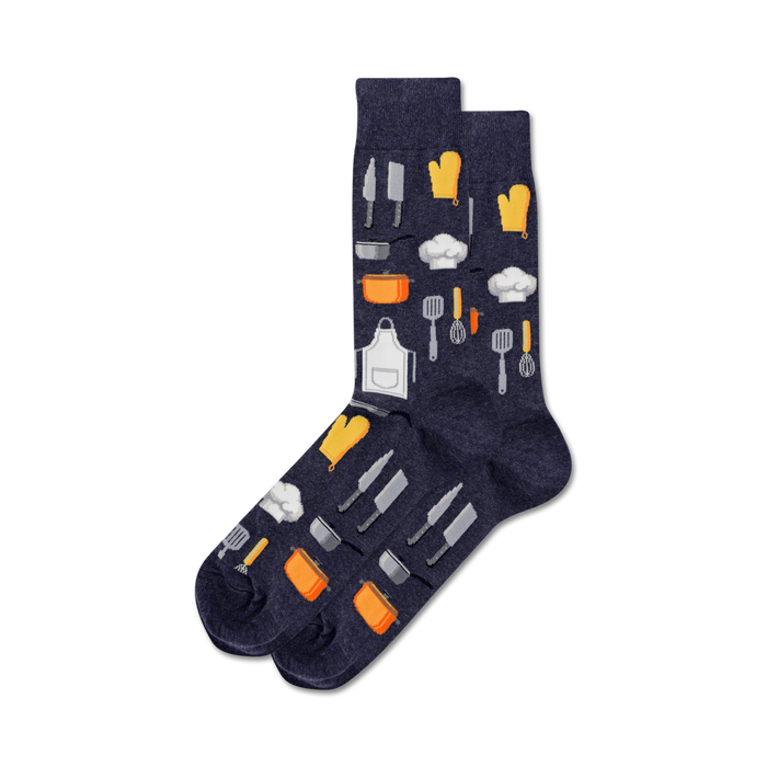 dark blue crew socks depicting kitchen utensils and cooking-related items for men.    }}
