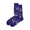 Pair of purple crew socks with a whimsical dental design. The pattern includes toothbrushes, toothpaste, dental floss, and other dental tools.