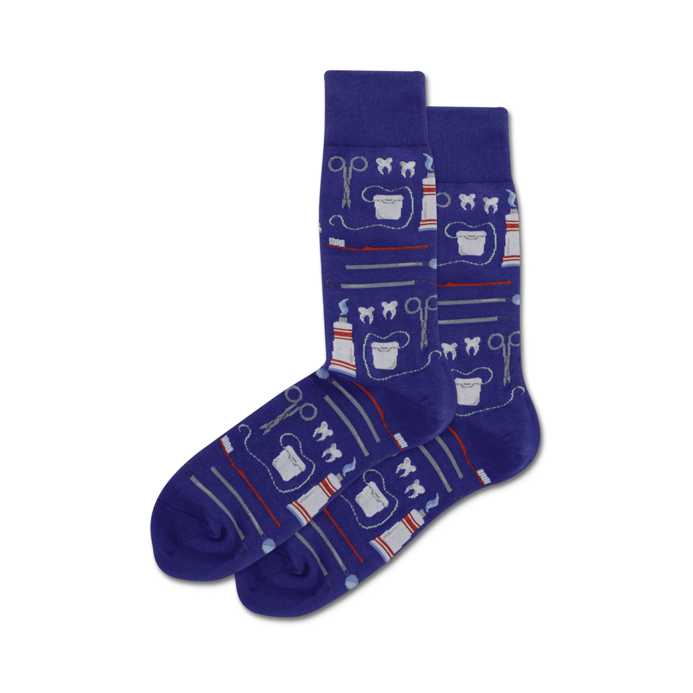 Pair of purple crew socks with a whimsical dental design. The pattern includes toothbrushes, toothpaste, dental floss, and other dental tools.