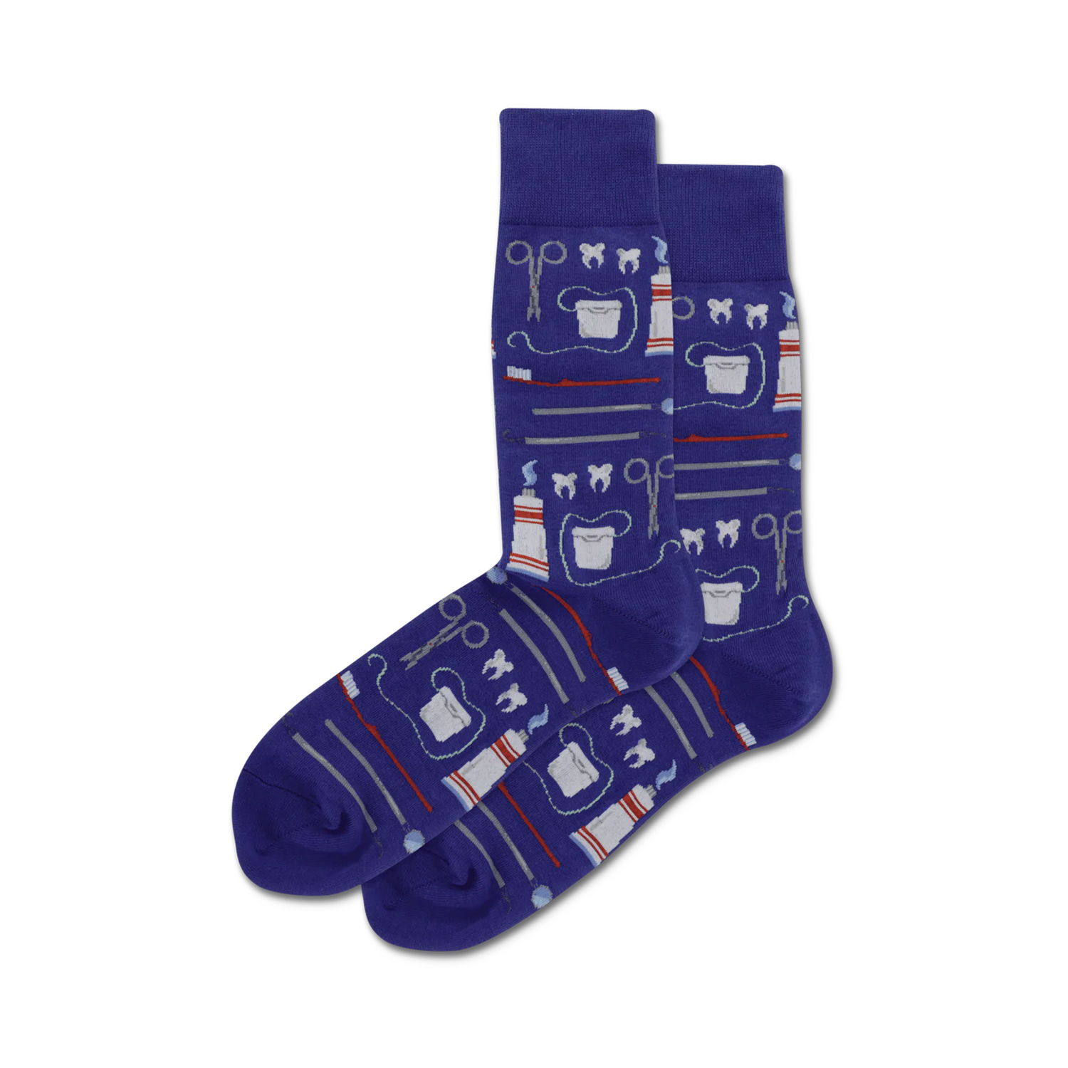 Pair of purple crew socks with a whimsical dental design. The pattern includes toothbrushes, toothpaste, dental floss, and other dental tools.