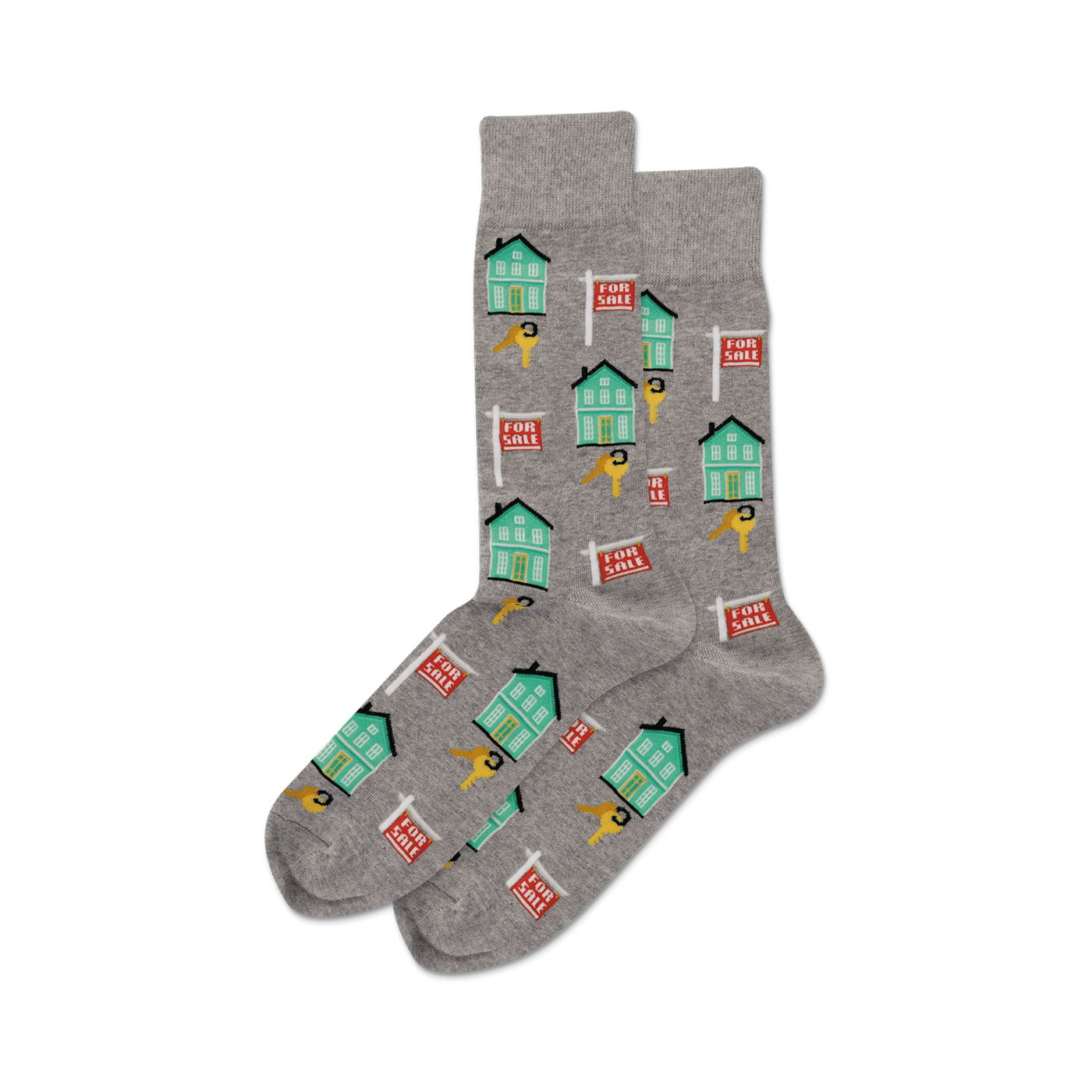 Pair of gray crew socks with a pattern of teal houses and red 'For Sale' signs and gold keys.