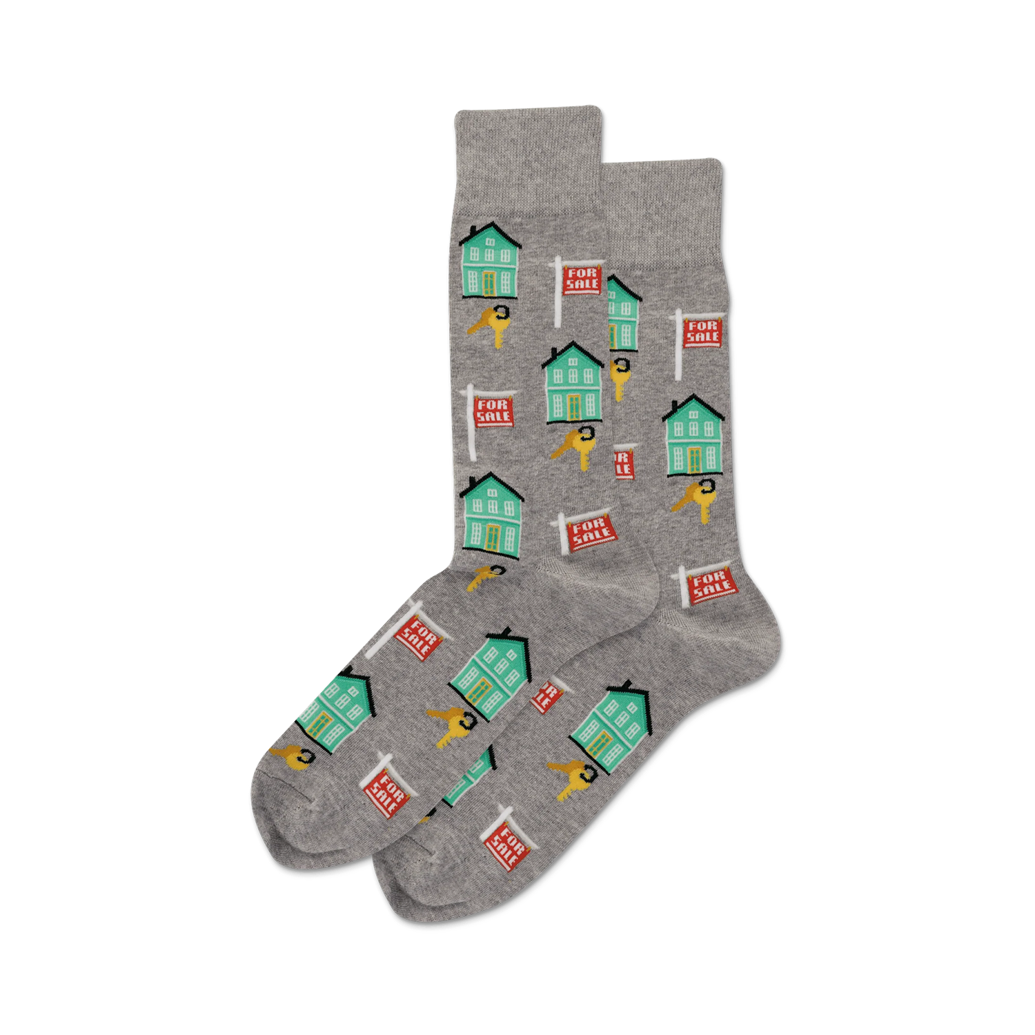 Pair of gray crew socks with a pattern of teal houses and red 'For Sale' signs and gold keys.