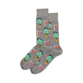 gray crew socks featuring pattern of blue/green houses w/ "for sale" signs & gold keys; perfect for realtors.  