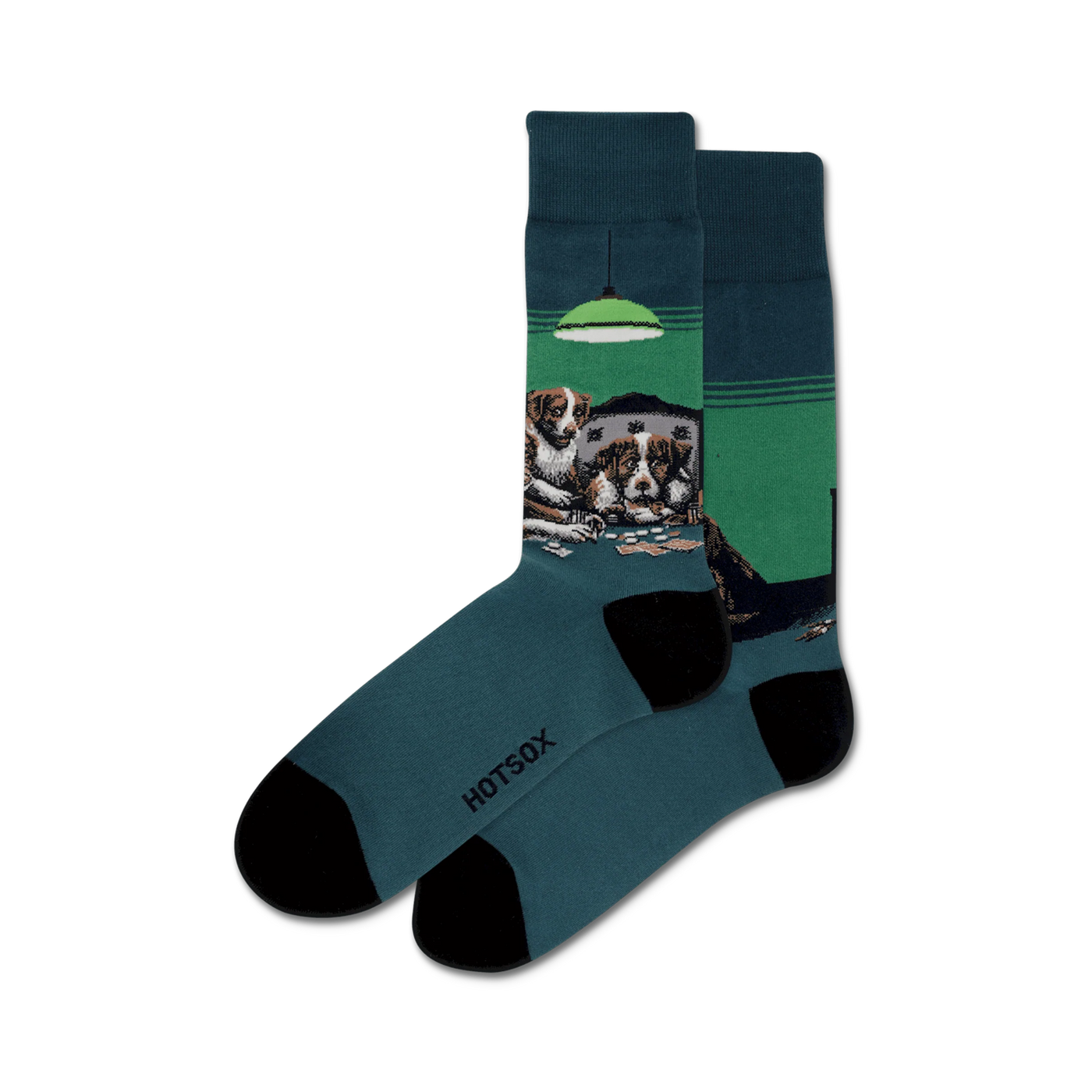 A pair of teal crew socks featuring a design of dogs playing poker around a green felt table under a green lamp.  Black toe and heel.