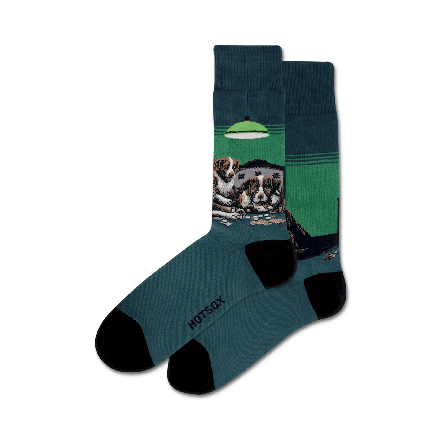 A pair of teal crew socks featuring a design of dogs playing poker around a green felt table under a green lamp.  Black toe and heel.