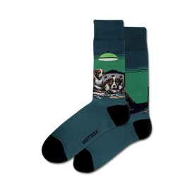 dark green men's crew socks featuring three poker-playing dogs, one with a cigar, and another with a pipe sitting under a green lampshade.   