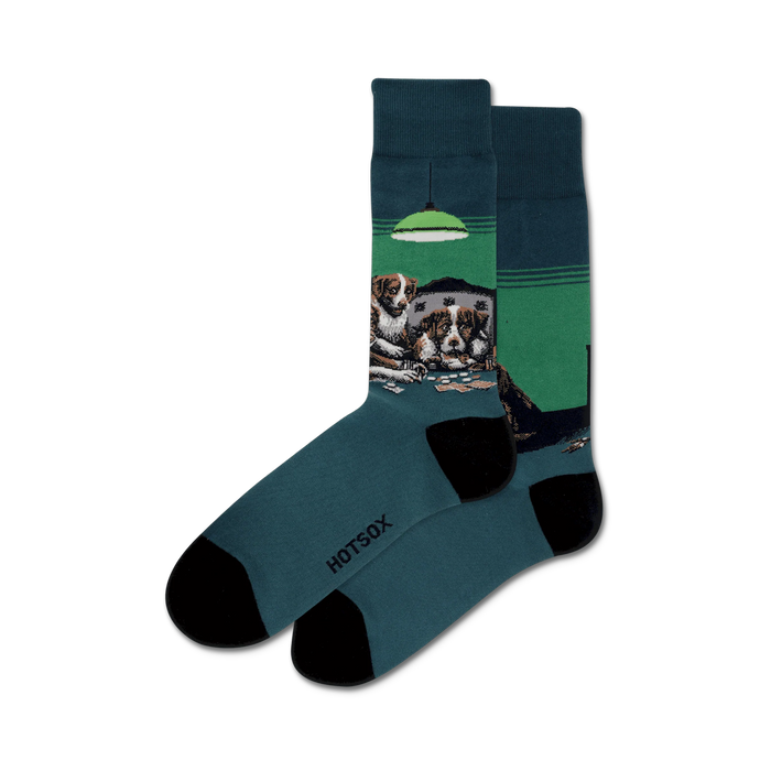 dark green men's crew socks featuring three poker-playing dogs, one with a cigar, and another with a pipe sitting under a green lampshade.    }}