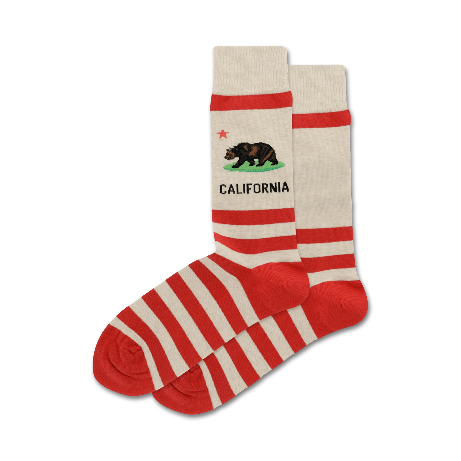 Pair of red and white striped crew socks with the California bear and state name embroidered on the leg.