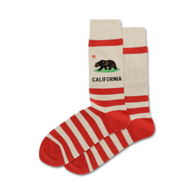 red & white striped crew socks featuring california bear faces.  