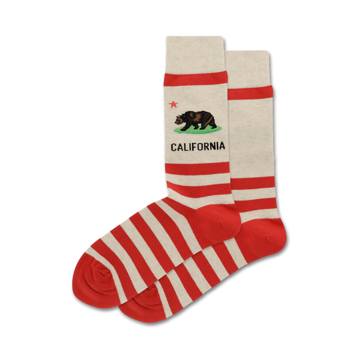 red & white striped crew socks featuring california bear faces.   }}