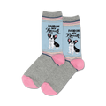 Pair of crew socks in grey, light blue, and pink. Feature a French Bulldog graphic and 'Pardon My French' text.