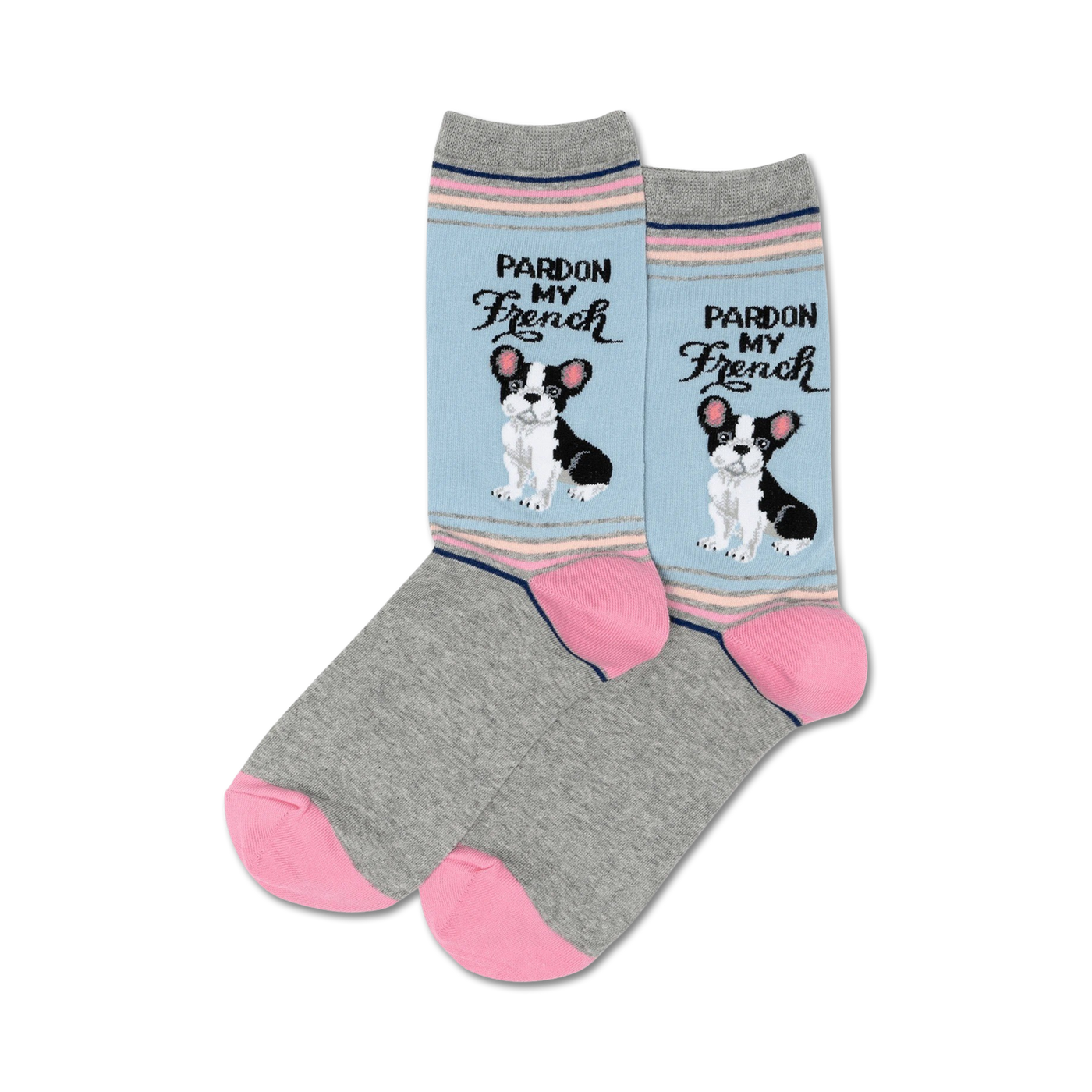 Pair of crew socks in grey, light blue, and pink. Feature a French Bulldog graphic and 'Pardon My French' text.