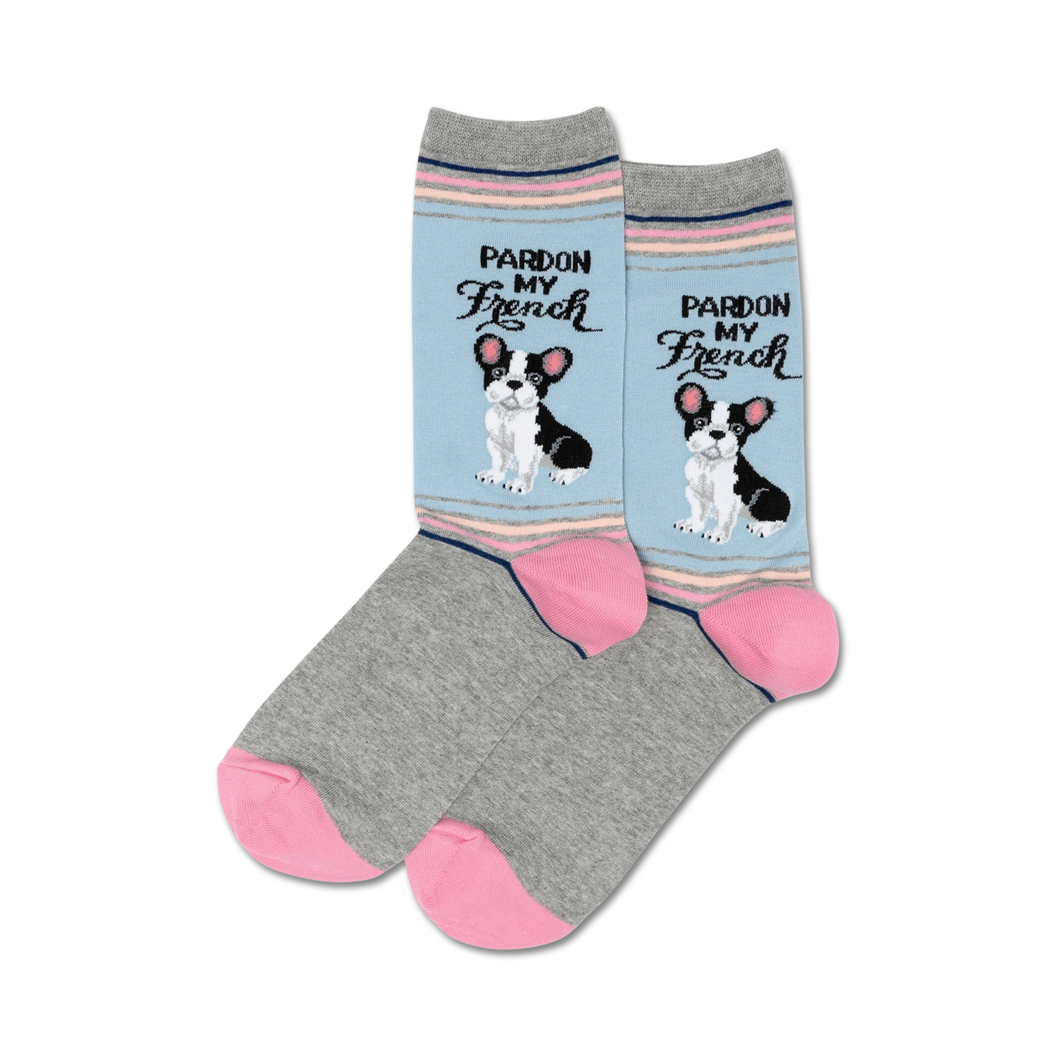 Pair of crew socks in grey, light blue, and pink. Feature a French Bulldog graphic and 'Pardon My French' text.