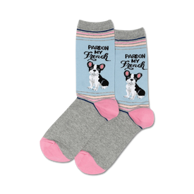 gray crew socks feature pink toes, heels, and top trim with a french bulldog illustration and text 'pardon my french' in black script.   
