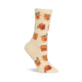 A single crew sock with a heathered cream background, patterned with grey cats peeking from orange cardboard boxes and small balls.