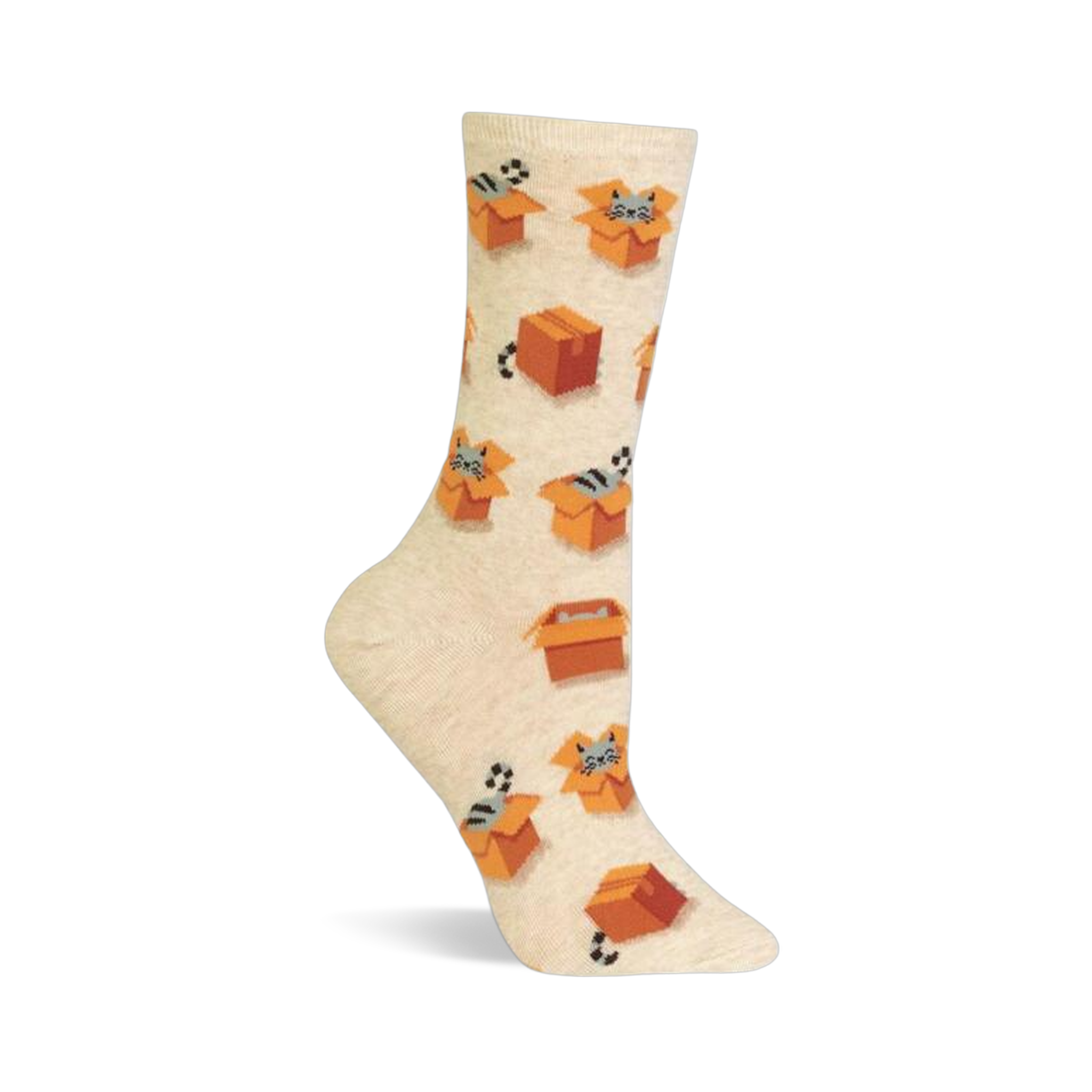 A single crew sock with a heathered cream background, patterned with grey cats peeking from orange cardboard boxes and small balls.