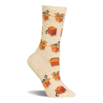 A single crew sock with a heathered cream background, patterned with grey cats peeking from orange cardboard boxes and small balls.