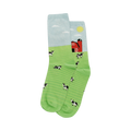 Crew socks with a light blue sky, red barn, and green field with black and white cows. 