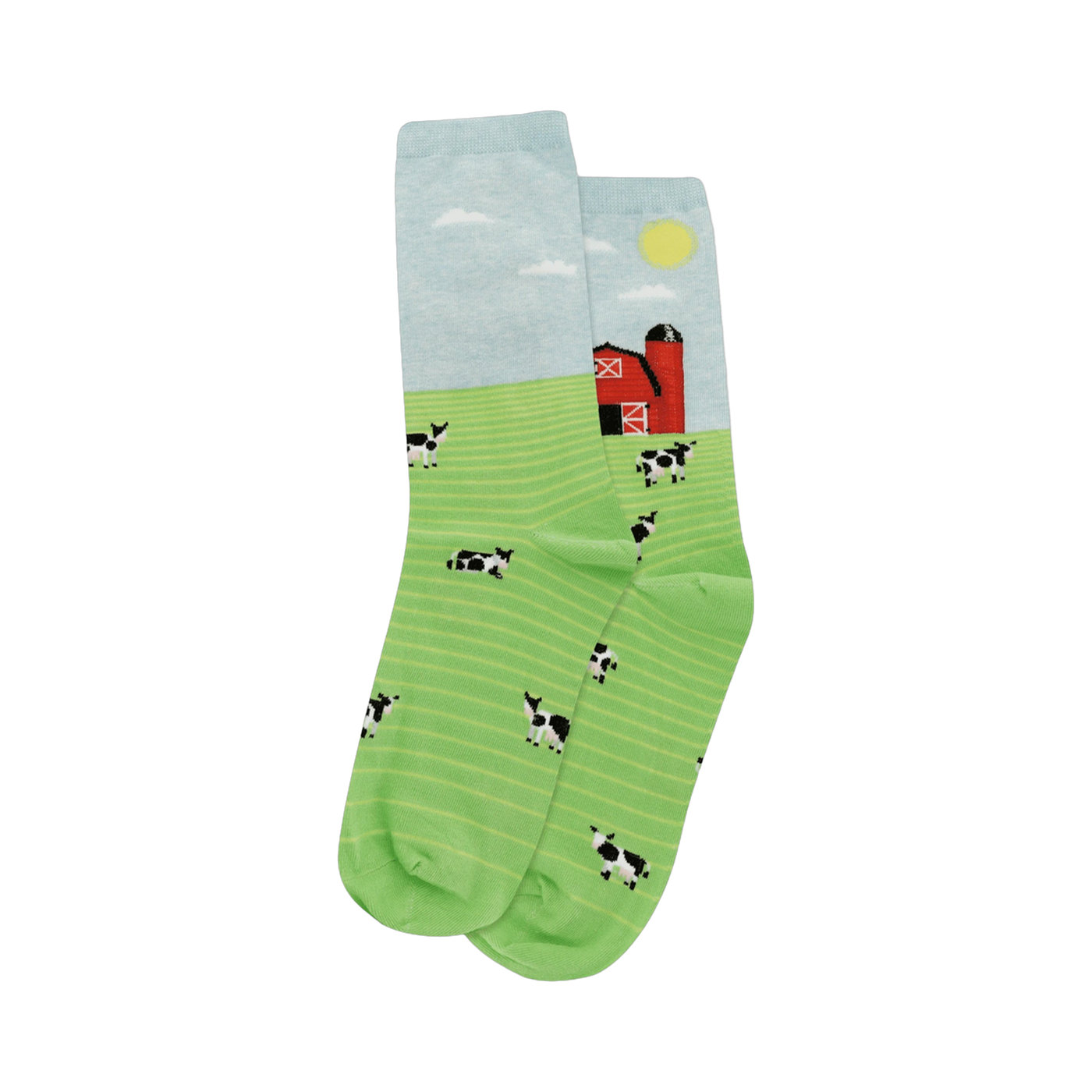 Crew socks with a light blue sky, red barn, and green field with black and white cows. 
