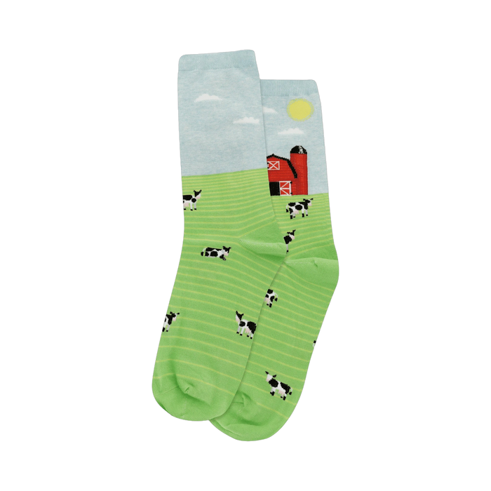 Crew socks with a light blue sky, red barn, and green field with black and white cows.  }}