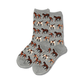 Pair of crew socks, grey and light blue options, with an all-over print of brown and white horses.