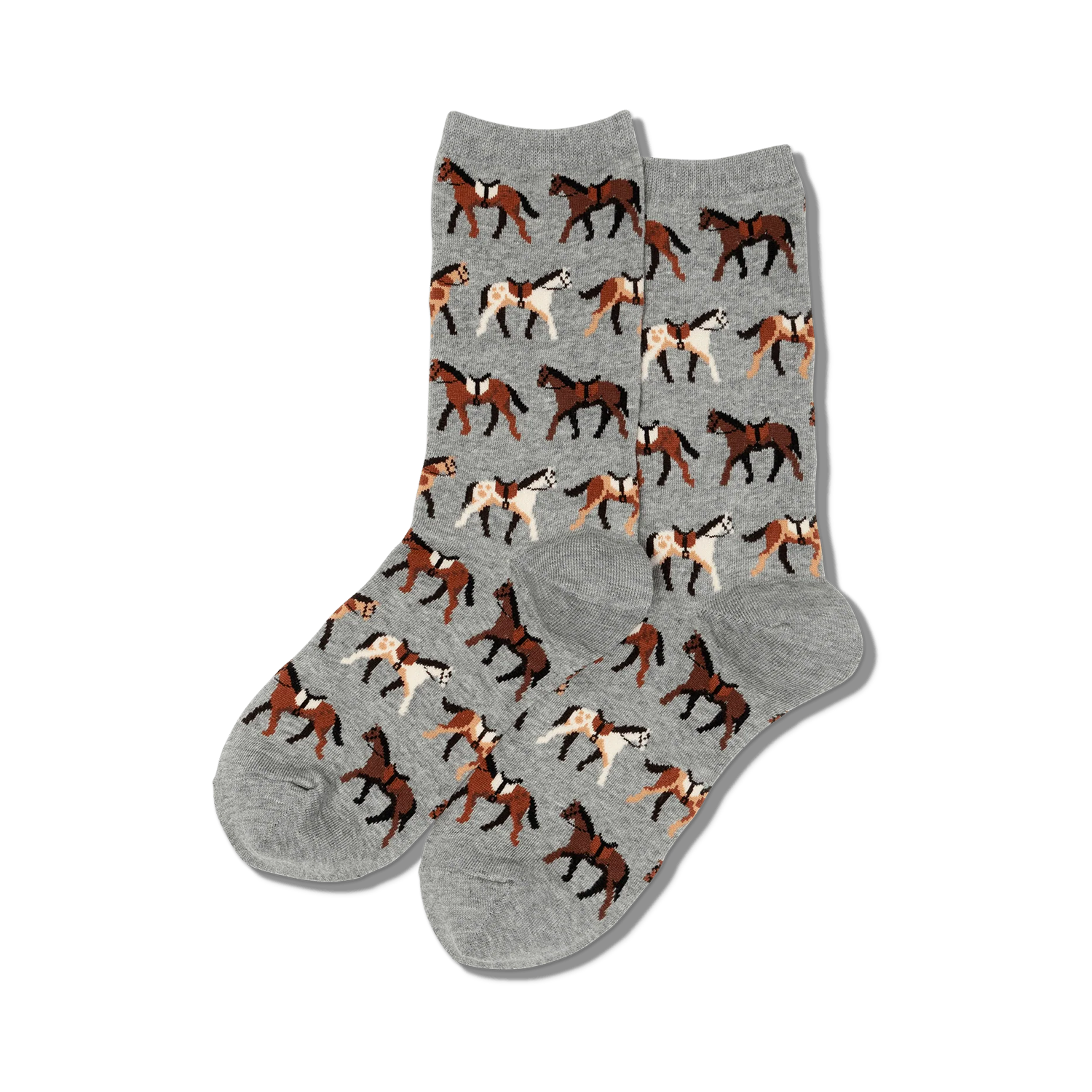 Pair of crew socks, grey and light blue options, with an all-over print of brown and white horses.