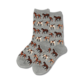 gray crew socks with a pattern of horses in brown with black manes and tails.   