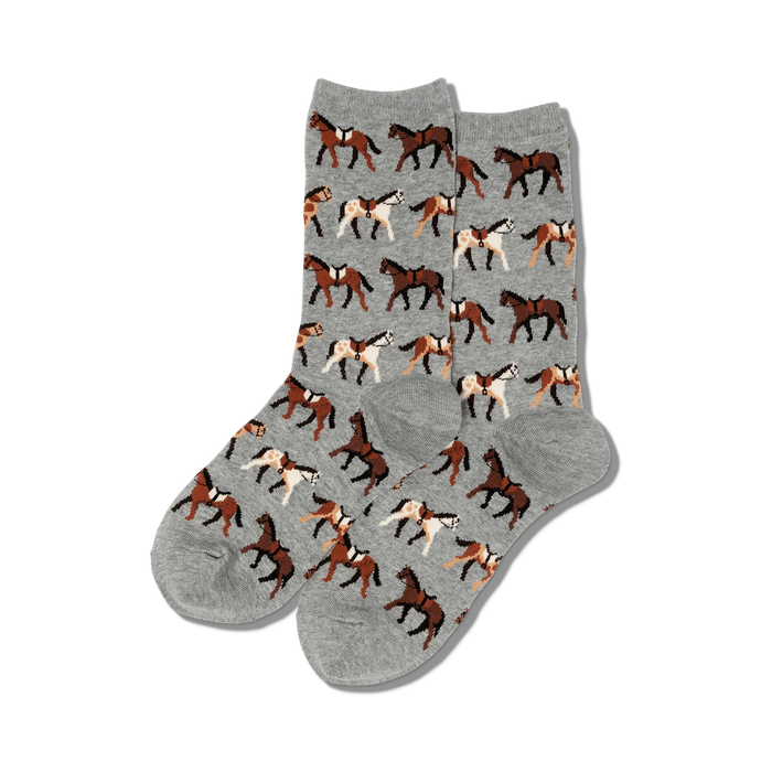 gray crew socks with a pattern of horses in brown with black manes and tails.   