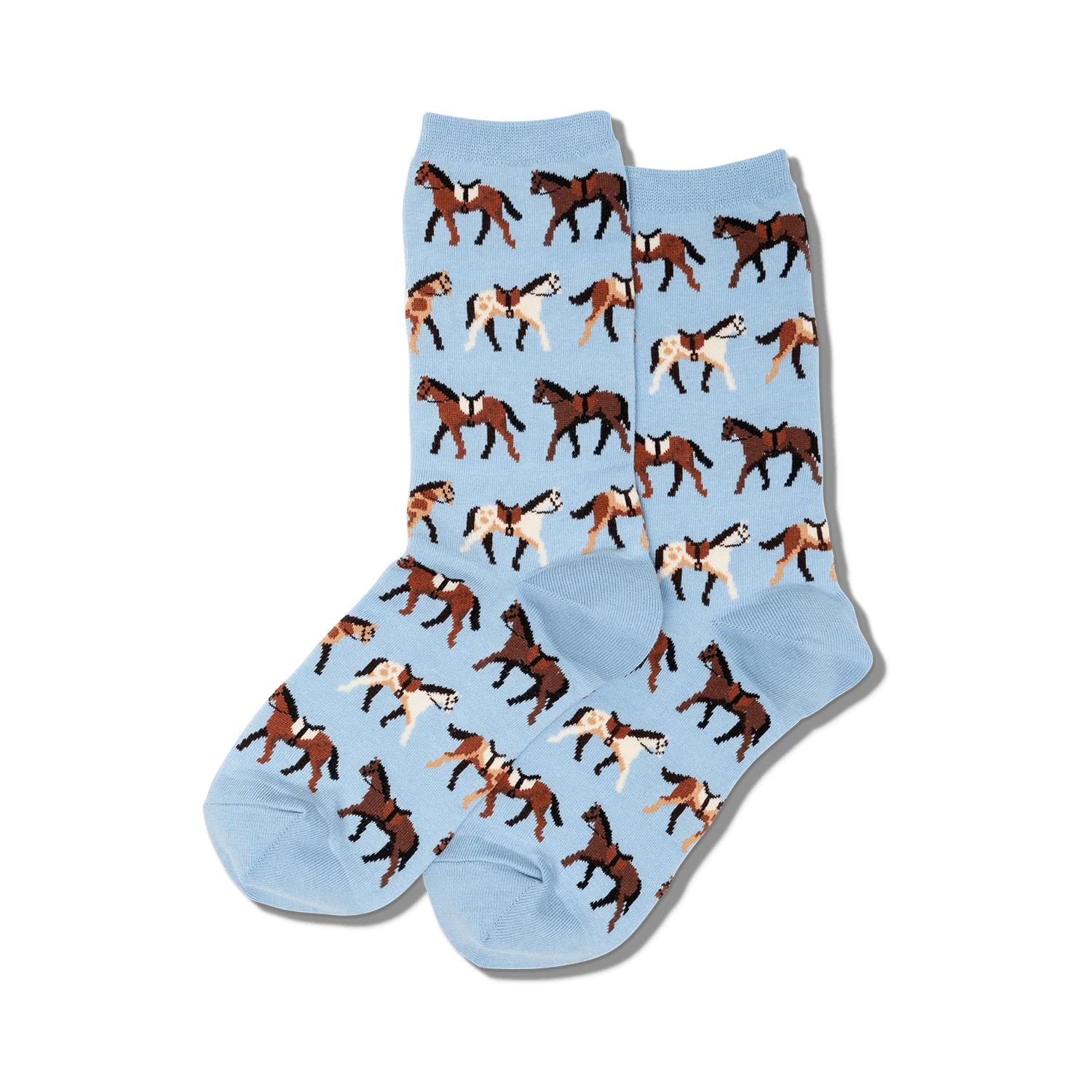 Lifestyle shot showing light blue horse socks on a person's legs.