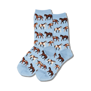 women's crew socks with a pattern of brown horses wearing saddles.  