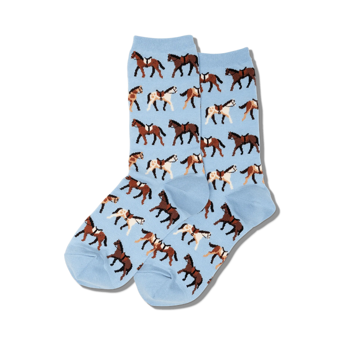 women's crew socks with a pattern of brown horses wearing saddles.  
