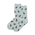 Pair of light blue crew socks with a repeating pattern of black and yellow bees. 