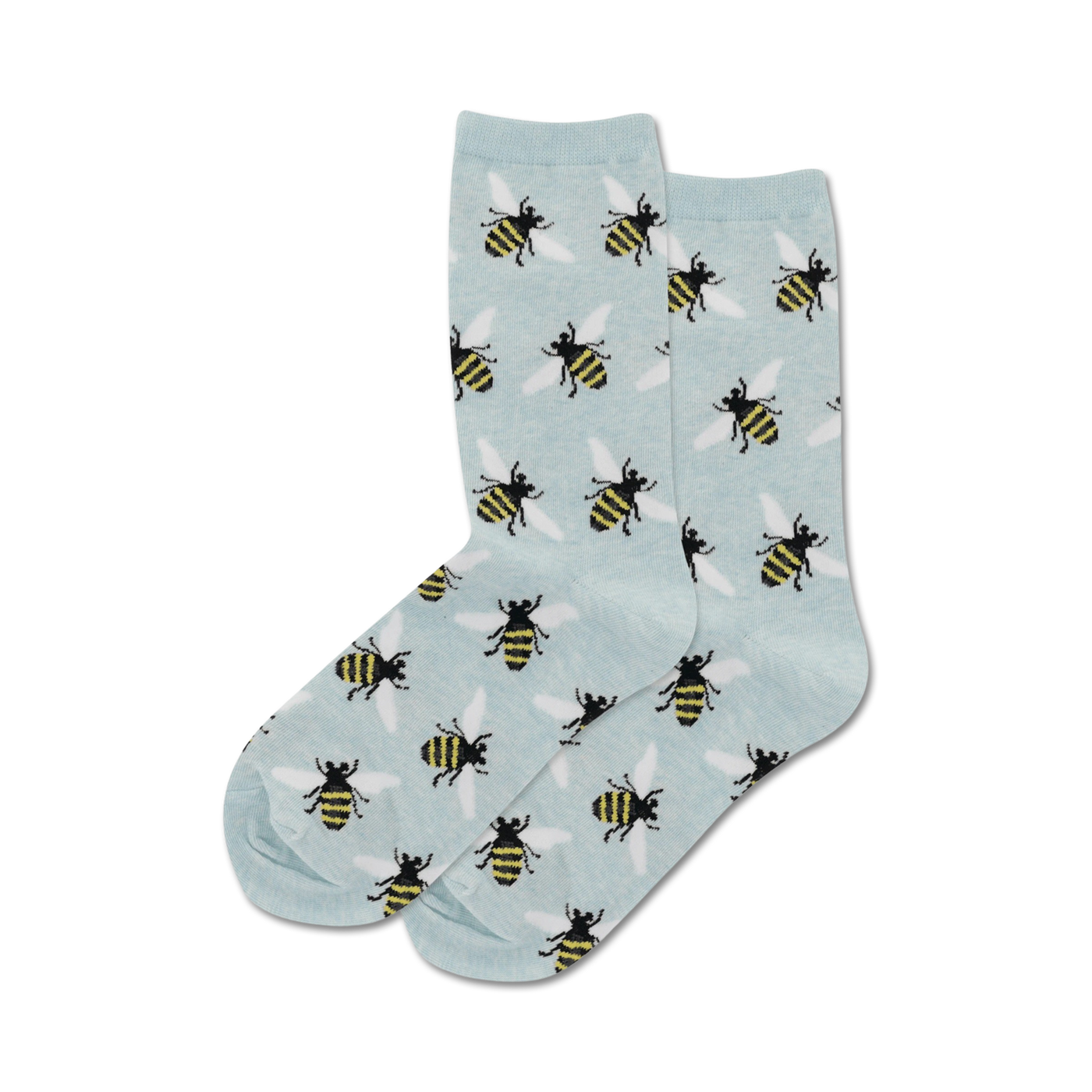 Pair of light blue crew socks with a repeating pattern of black and yellow bees. 