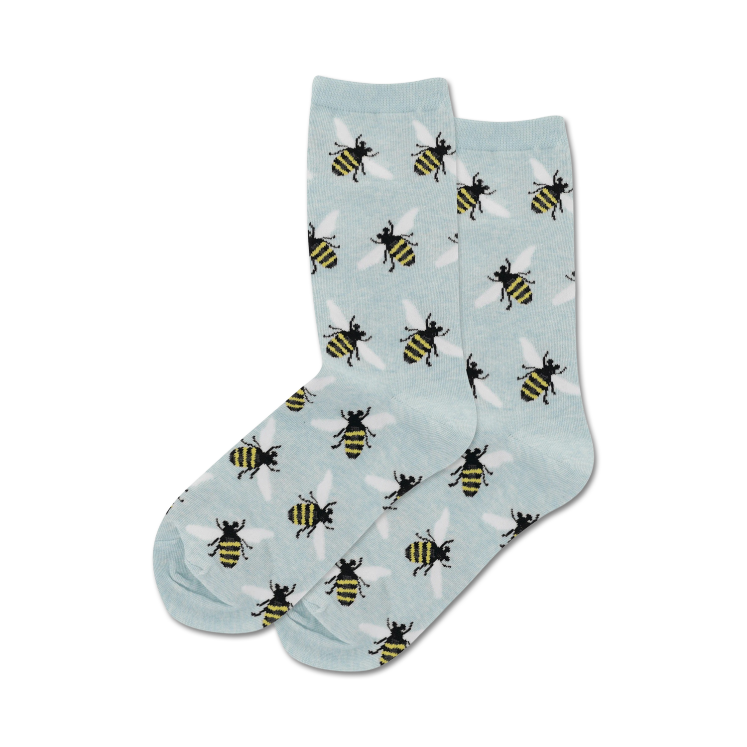 Pair of light blue crew socks with a repeating pattern of black and yellow bees. 