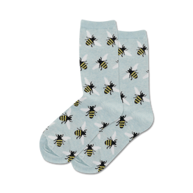 black and yellow bee pattern on light blue crew socks made for women.  