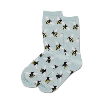 black and yellow bee pattern on light blue crew socks made for women.  