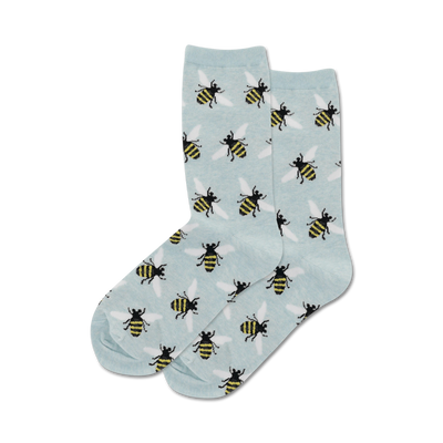 Pair of light blue crew socks with a repeating pattern of black and yellow bees.
