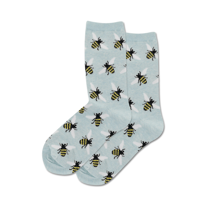 black and yellow bee pattern on light blue crew socks made for women.   }}