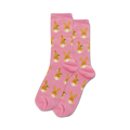 Pair of pink crew socks featuring a repeating pattern of cute brown bunny tails.
